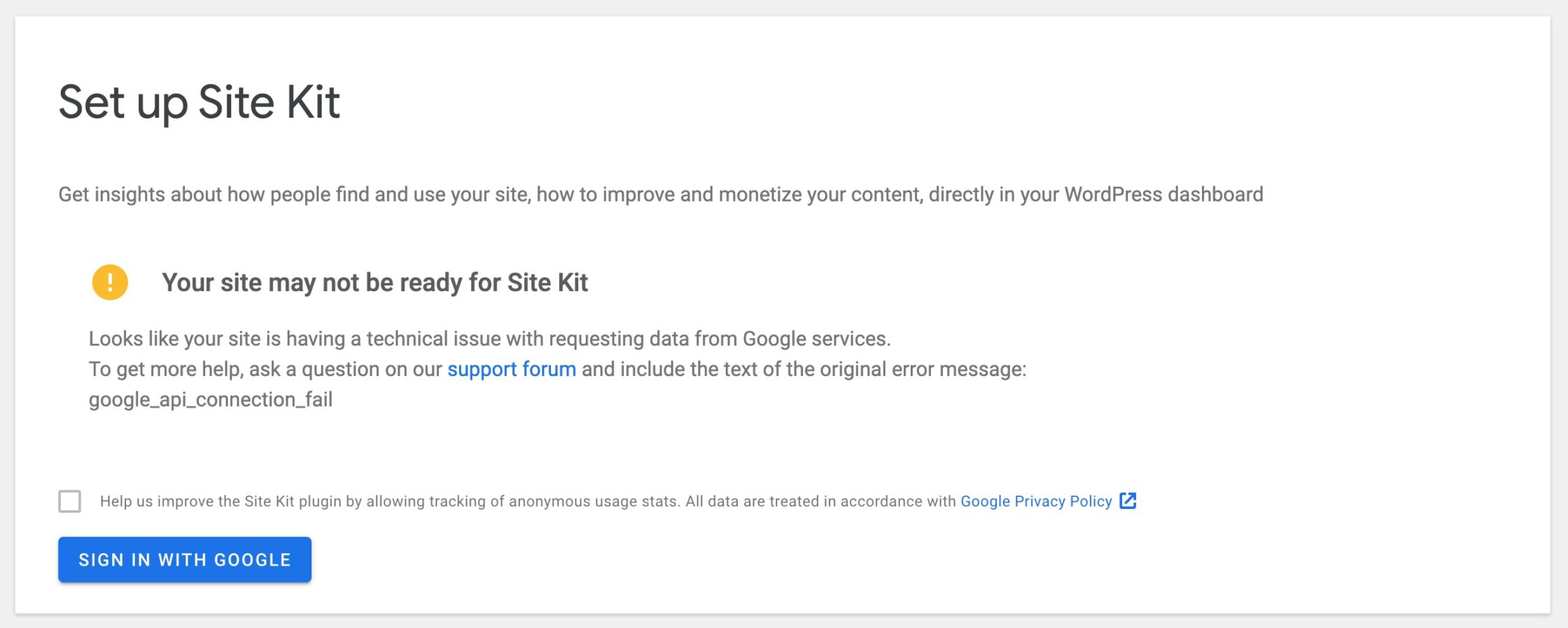 Site Kit by Google Dashboard Error google_api_connection_fail
